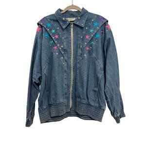 Vintage 1980s Pado Denim Star Embellished Womens Jacket  Blue Multicolor Zip Fro